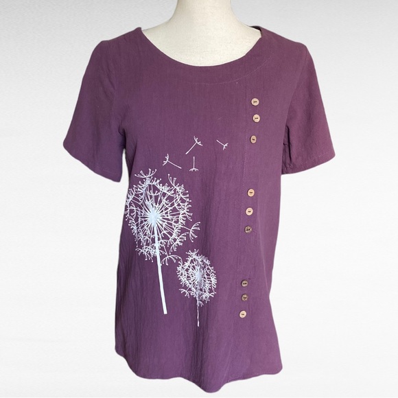 PURPLE TEXTURED DANDELION SHORT SLEEVE BUTTON FRONT TOP - Picture 4 of 7